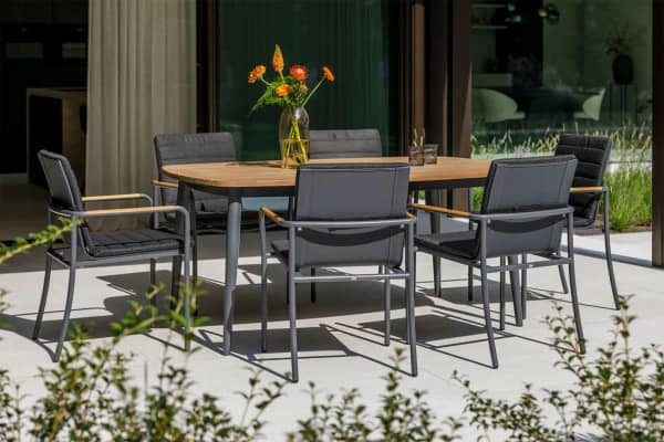 Aluminium Essgruppe 6 Personen Lava Tondo Dining und Kyoto Stapelstuhl Gartenmode